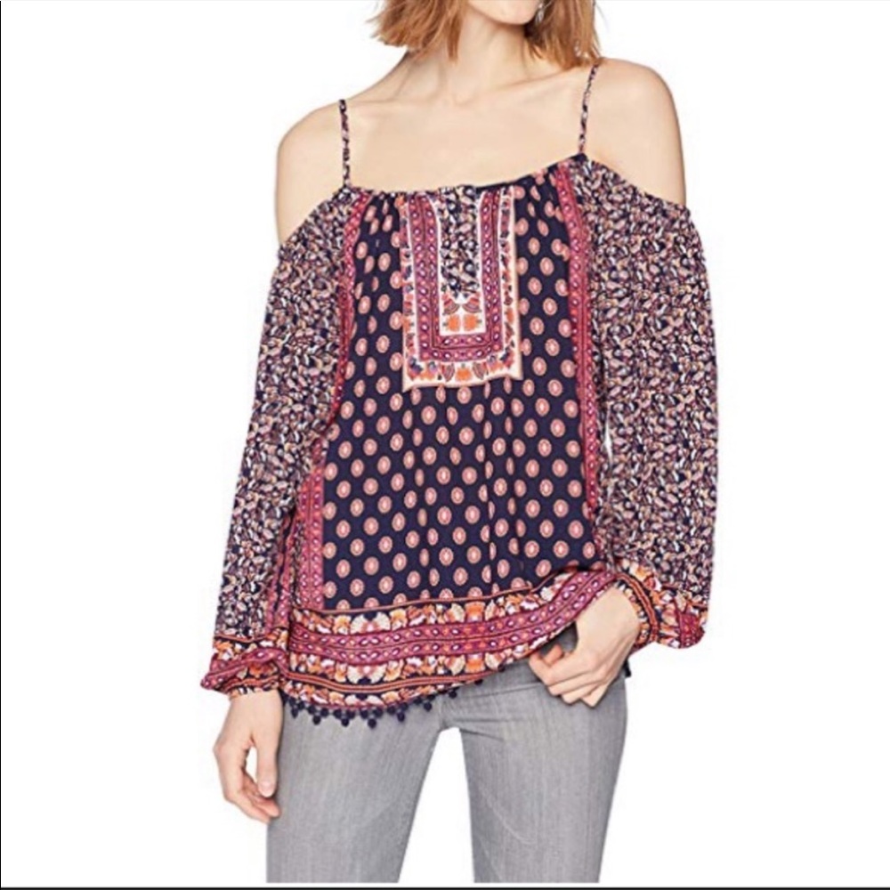 NWT Ella Moon Pink Black Boho Cold Shoulder Blouson Sleeves Blouse Top, Size Med